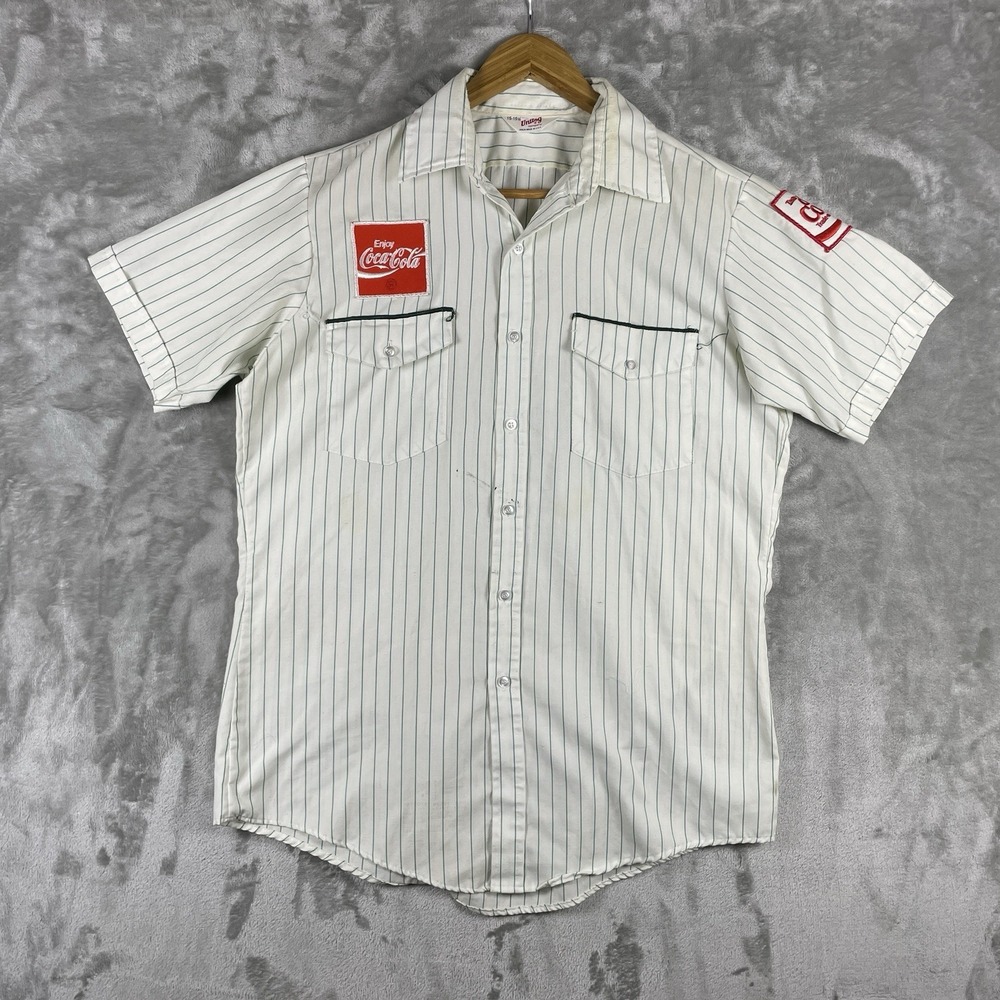 Vintage 70s Unitog Work Shirt Mens 15-15.5 Medium Coca Cola Company Striped USA